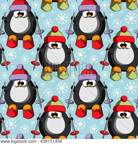 Seamless Vector Pattern With Cute Cartoon Penguin By Ski