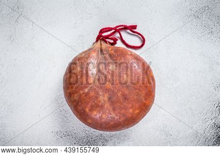 Sobrassada Cured Meat Sausage From Ground Pork, Paprika And . White Background. Top View