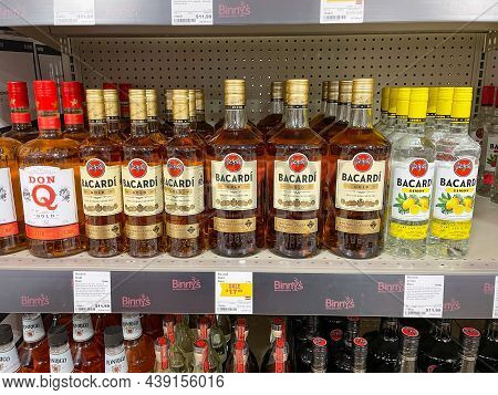 A Display Of Bottles Of Bacardi Gold Rum With Background Bokeh At A Binneys Liqour Store In Springfi