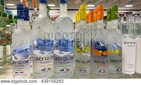A Display Of Bottles Of Grey Goose Vodka  With Background Bokeh At A Binneys Liqour Store In Springf