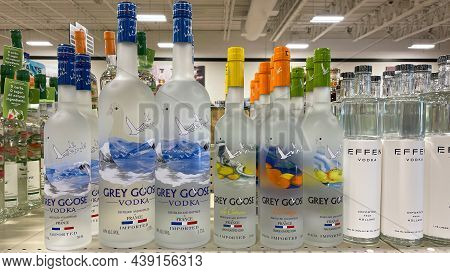 A Display Of Bottles Of Grey Goose Vodka  With Background Bokeh At A Binneys Liqour Store In Springf
