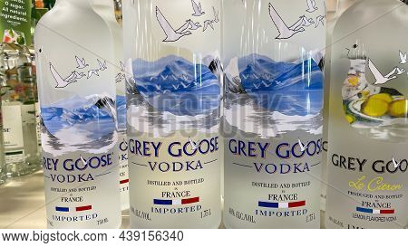 A Display Of Bottles Of Grey Goose Vodka  With Background Bokeh At A Binneys Liqour Store In Springf