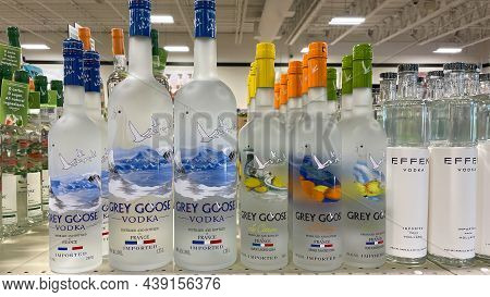 A Display Of Bottles Of Grey Goose Vodka  With Background Bokeh At A Binneys Liqour Store In Springf