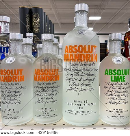 A Display Of Bottles Of  Flavored Absolut Vodka With Background Bokeh At A Binneys Liqour Store In S