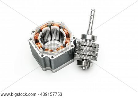 Stepper Motor, Disassembled, Close View, On White Background