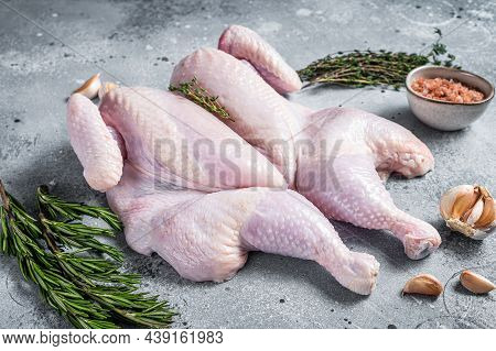 Raw Spatchcock Chicken Meat With Garlic And Thyme. Gray Background. Top View