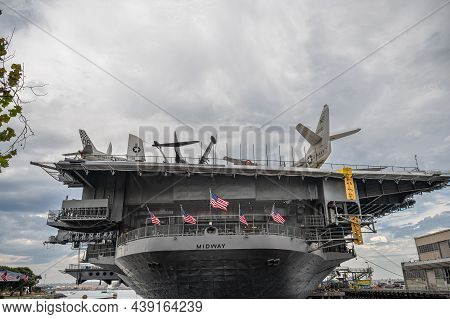 San Diego, California, Usa - October 4, 2021: Uss Midway Museum, Aircraft Carrier.  Stern Section Of