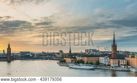 Stockholm, Sweden. Skyline Cityscape Famous View Of Old Town Gamla Stan In Summer Evening. Famous Po