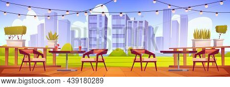 Cafe Terrace With Wooden Tables, Chairs, Green Lawn And City View. Vector Cartoon Illustration Of Em