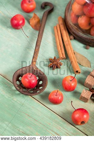 Paradise Apples, On The Wooden Table In The Rustic Style, Iron Mug