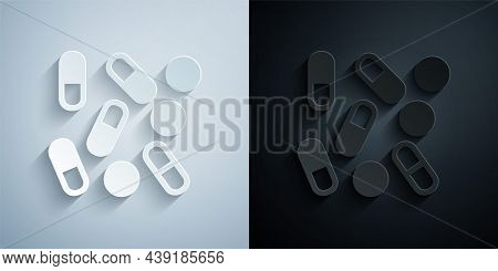 Paper Cut Medical Pill Bottle Biohacking Icon Isolated On Grey And Black Background. Pharmacy Biohac