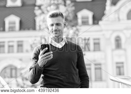 Modern Lifestyle. Modern Man Use Smartphone Urban Outdoor. Modern Day Device. Mobile Internet Access
