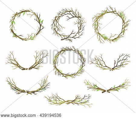 Bare Tree Branch Entangled In Wreath And Tied In Semi Circle Vector Set