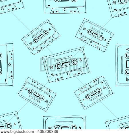 Hand Drawn Cassette And Mixtape Seamless Pattern, Black And Blue Cartoon Doodle Background For Music