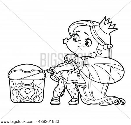 Cute Fairy Girl Pulls The Floss Out Of The Package With An Effort  Outlined For Coloring On A White 