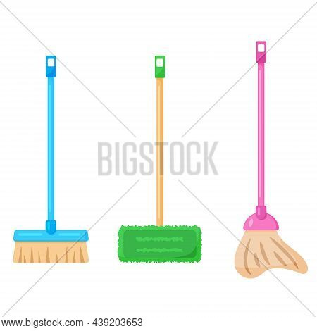 Set Of 3 Housework Mops, Home Cleaning Broom. Hygiene, Washing Or Housework Equipment. Vector Illust