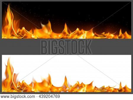 Set Of Two Banners With Realistic Fiery Flames - Two Graphic Variations With Black And White Backgro