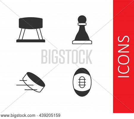 Set American Football Ball, Pommel Horse, Hockey Puck And Chess Icon. Vector