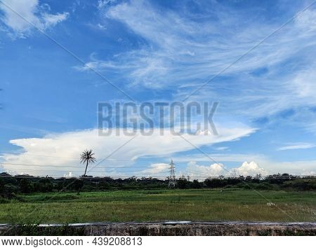 Stock Photo Of A Landscape With White Clouds Floating On Blue Sky And Land Covering With Green Grass