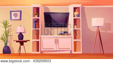 Living Room Interior Tv On Wall And Bookshelves, Potted House Plants, Picture And Table With Standar