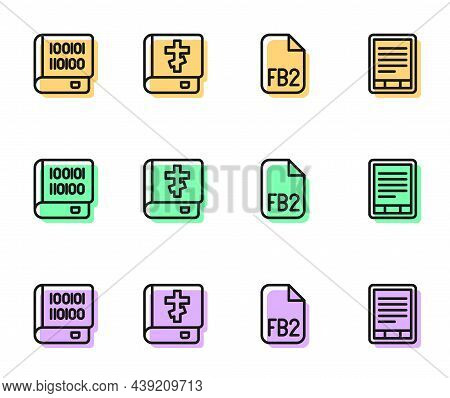 Set Line Fb2 File, Books About Programming, Holy Bible Book And E-book Reader Icon. Vector