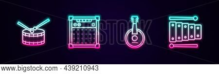 Set Line Drum With Drum Sticks, Guitar Amplifier, Banjo And Xylophone. Glowing Neon Icon. Vector