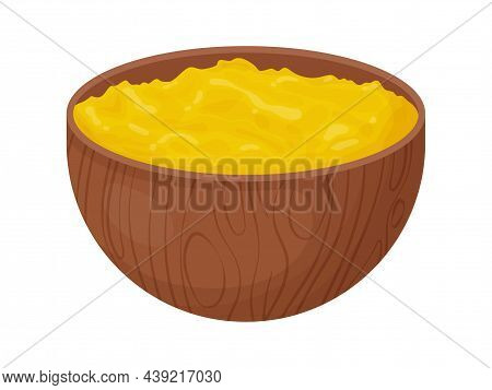 Ghee In Wooden Bowl With Spoon. Asia Traditional Butter In Cartoon Style. Food Ingredient For Cookin