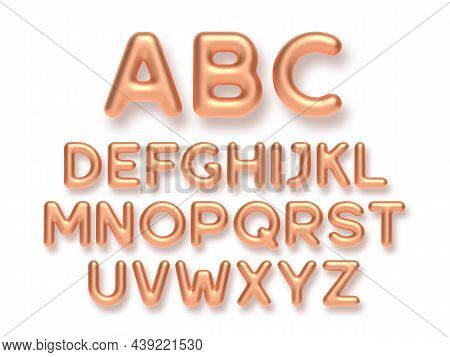 Copper Metal Alphabet Vector Set. 3d Realistic Glossy Metallic Typeface. Decorative Luxury Letters F