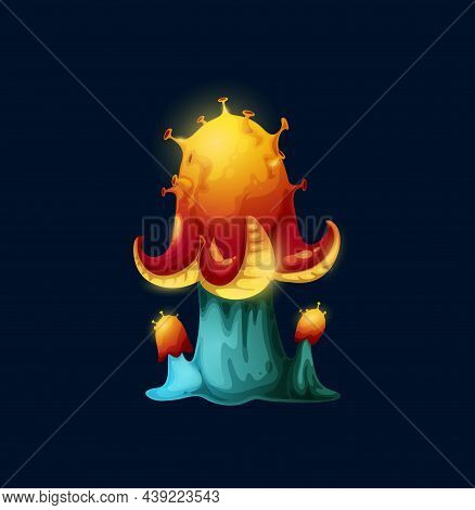 Fantasy Magic Octopus Mushroom With Tentacles. Toxic Vector Luminous Fungus With Suckers On Cap And 