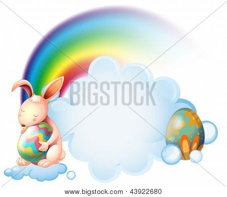 Illustrazione di un coniglio che abbraccia un uovo di Pasqua vicino arcobaleno su sfondo bianco