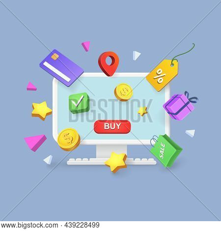 E-commerce And Online Shopping Laptop Screen With Icons And Elements. Dgital Marketing Symbols Of On