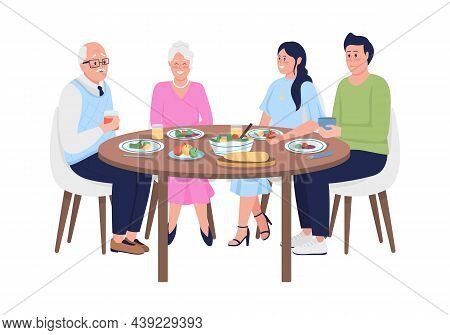 Family Members Having Dinner Together Semi Flat Color Vector Characters. Full Body People On White. 