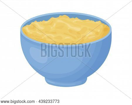 Ghee In Blue Bowl With Spoon. Asia Traditional Butter In Cartoon Style. Food Ingredient For Cooking.