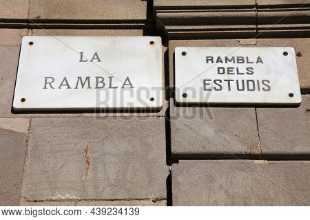 Rambla Dels Estudis, Part Of Famous La Rambla - Street Name Sign In Barcelona. Streets Of Barcelona,