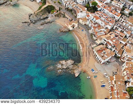 Calella De Palafrugell Fishing Harbor Beach Aerial View In Spain. Town In Baix Emporda County Of Cat