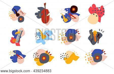 Jazz Music Band Instruments Doodles Designs Isolated On White Background. Cartoon Pre-made Compositi