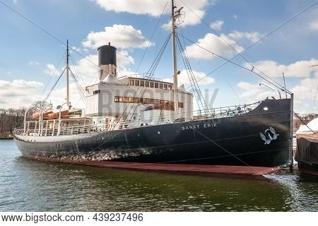 Stockholm, Sweden - 04.15.2017: Detail Shot Of Sankt Erik Boat Docked In The Port Of Stockholm On A 