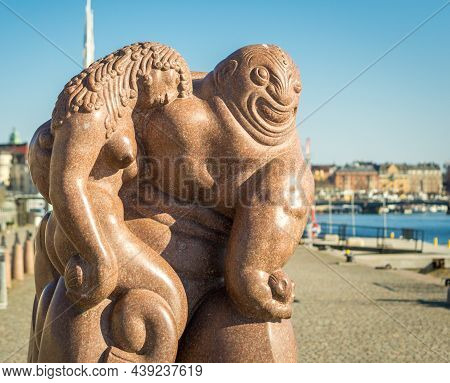 Stockholm, Sweden - 04.15.2017: Sculpture On The Promenade On Skeppsbron, Gamla Stan, Stockholm City