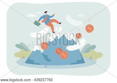 Businessman Making Mistake, Falling Down From Top Of Mountain. Careless Man Losing Money Because Of 