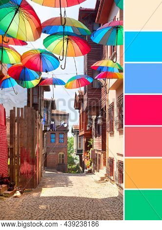 Color Matching Palette From Image Of Rainbow Umbrellas On Display Above The Walkaway, Narrow Obbled 