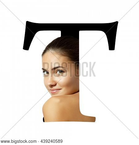 Letter T, concept alphabet design with beauty portrait of young attractive woman's face. Conceptual fashion fount