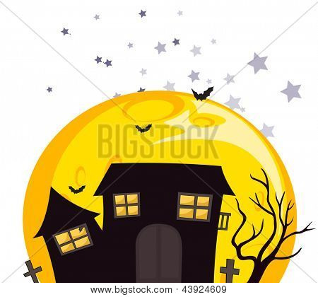 Illustration des chauves-souris près de la maison hantée effrayante sur fond blanc