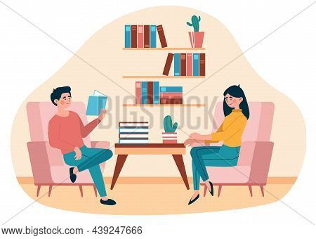Bookcrossing And Reading Concept. Man And Woman Sitting In Library And Sharing Interesting Books Wit