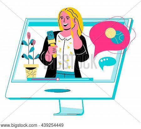 Online News Update Announcements On Social Network With Announcer Holding Microphone. News Blog Live