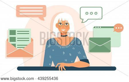Email Search, Open New Mail Envelope. Cute Cartoon Woman Checks Email, Opened Envelope, And Celebrat