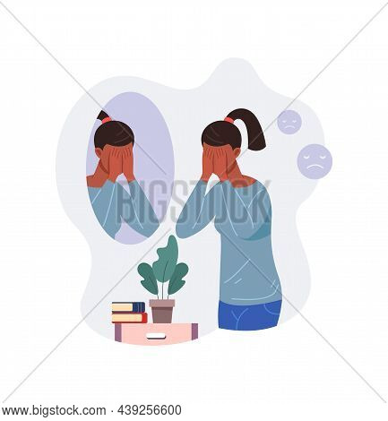 Crying Girl At Mirror. Sad Woman Cry, Vector Isolated On White Background
