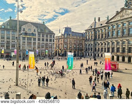 Amsterdam, The Netherlands - 05 October, 2021: Aerial View Of The Dam Square. The Place Is The Histo