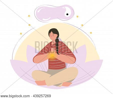 Meditation And Mind Cleansing Concept. Young Woman Sits On Flower In Lotus Position And Restores Men