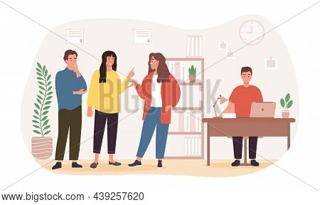 New Employee At Collective. Men And Women Do Not Pay Attention To Colleague. Sad Man Sitting At Desk