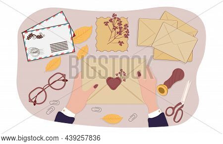 Set Of Postcards. Man Cleaning Up Table. Character Prepares Letters For Sending. Love Correspondence